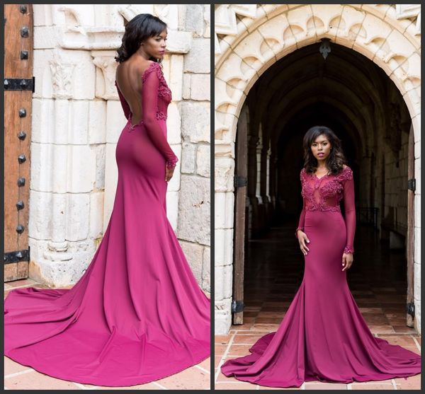 

2019 new fashion mermaid long sleeves prom dresses open back illusion occasion evening gowns black girls party celebrity dress