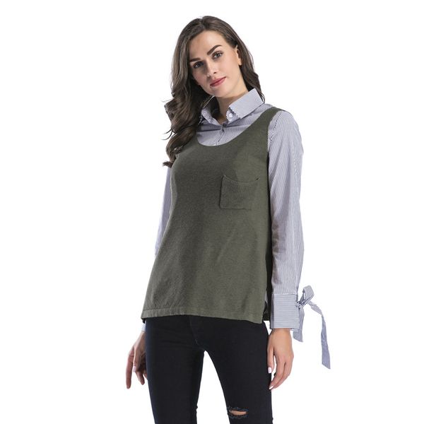 

casual knitted sweater female 2018 spring and summer new round neck pocket under the fork sweater knitting vest, White