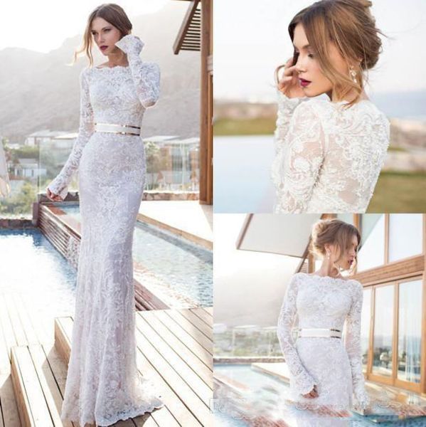 

modest full lace wedding dresses with long sleeves bateau neckline floor length sheath bridal gowns custom made, White
