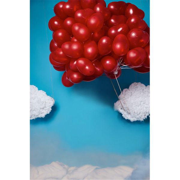 Valentinstag-Kinder-Vinyl-Fotografie-Hintergrund, bedruckte rote Luftballons, weiße Wolken, blauer Himmel, Kinder, Hochzeit, Fotostudio-Hintergründe