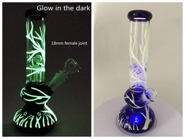 Resplandor en el vaso oscuro Bong Difundido Downstem Cachimbas de vidrio Bongs UV Plataformas petrolíferas fluorescentes con tazón para fumar GID01-04