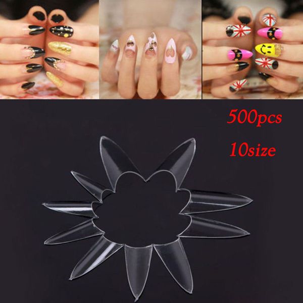 

500pcs/pack false nail clear natural white false point stiletto french acrylic uv gel nail tips health beauty nails, Red;gold