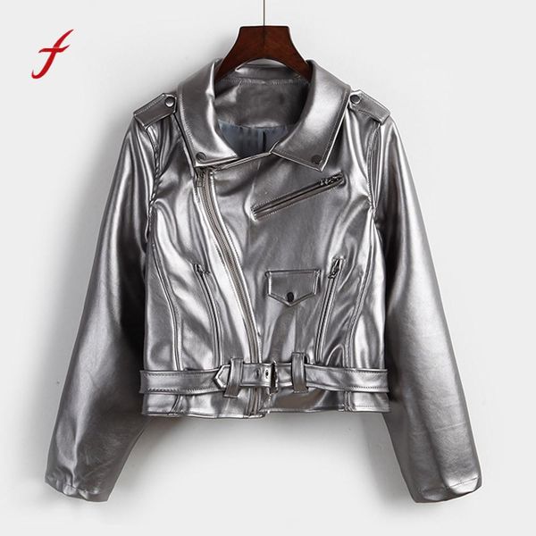 

feitong 2018 new fashion womens short parka coat leather biker motorcycle zipper jackets outerwear manteau femme hiver wholesale, Black;brown