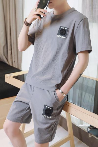 

bormandick mens fitness tracksuit set casual sporting suit men shorts sets short-sleeved shirt shorts outwear suits kxp18 d84-35, Gray