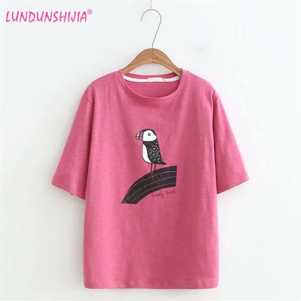 

lundunshijia 2018 summer cute woodpecker printed short sleeve t-shirt womens small fresh casual tees female loose t-shirt, White