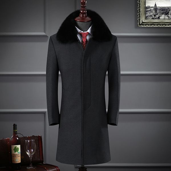 

new arrival style men woollen coat windbreaker casual covered button thick mens fur collar coat fashion warm size l  xxl xxxl, Black
