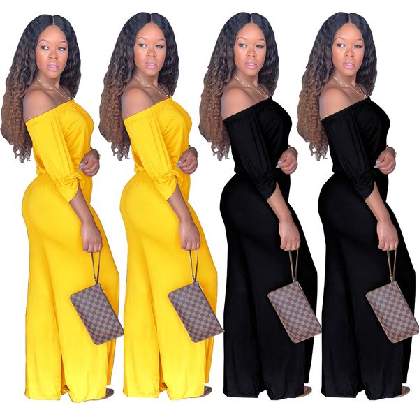 

women fashion off shoulder ruffled sleeve solid color jumpsuits wide leg long pants romper q142, Black;white
