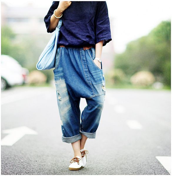 

fashion new plus size boyfriend jeans women wide leg jeans harem pants capris trousers s18101603, Blue