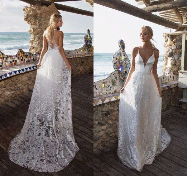 

холтер limor rosen свадебные платья линия с кружевной аппликацией свадебные платья спинки рукавов глубокий v sheer шеи boho свадебное платье, White