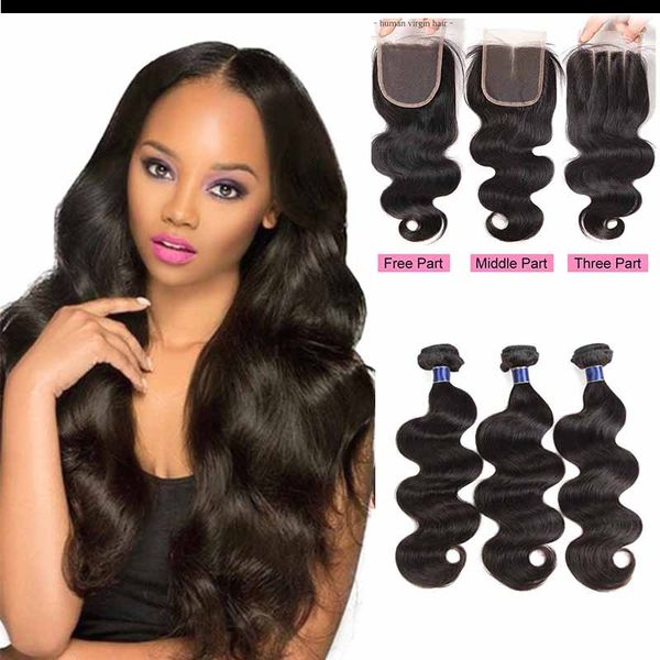 

7a необработанные бразильские виргинские человеческие волосы плетение тела волна естественный цвет 4x4 кружева закрытие с 3 пучки из bestche, Black;brown