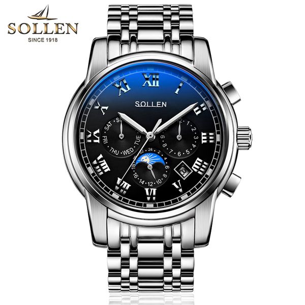 

sollen one package multifunctional automatic mechanical watch waterproof steel belt moon phase luminous men's watch, Slivery;brown