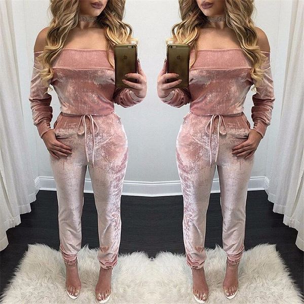 

Summer Velvet Jumpsuit Women 2 Piece Jumpsuit Set Nightclub Sexy Slash Neck Off Shoulder Long Sleeve Playsuits Pink Rompers Pink S-XL