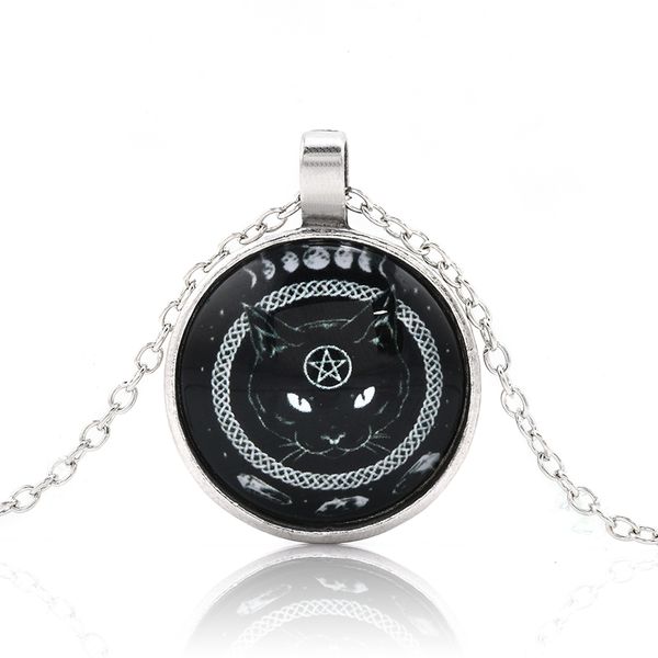 

new fashion women men black cat cabochon glass necklace pendant pentagram, Silver