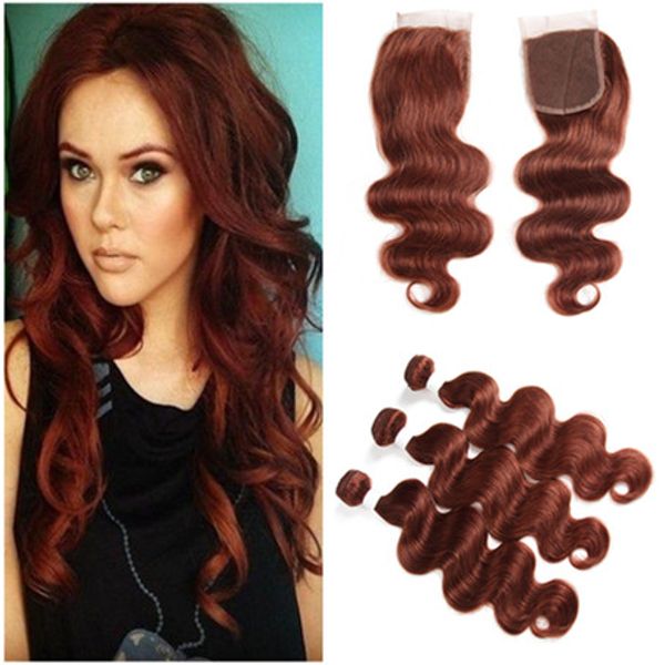 Body Wave 33 Dark Auburn 4x4 Lace Closure With Weave Bundles Virgin Indian Reddish Brown Human Hair Bundle Deals With Top Closure Best Curly Hair