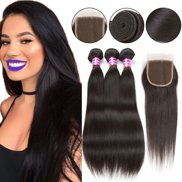 Brazilian Virgin Hair Straight 10a Bundles With Closure Human Hair