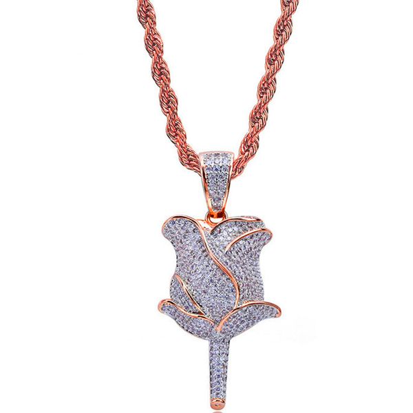 

Brand Designer Jewelry Rose Pendant Necklace For Women 18K Gold Plated Jewelry Ice Out Hip Hop CZ Necklaces Men Street Style