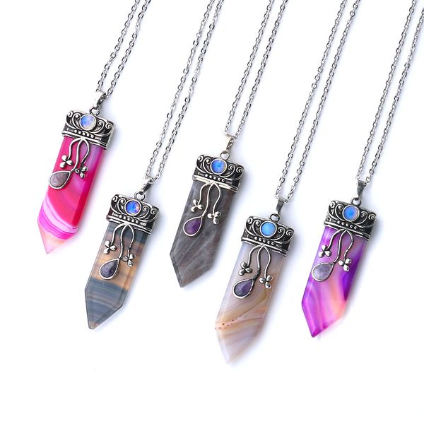 

vintage opal stones & fluorite & labradorite pendant necklace natural quartz crystal necklace healing stones women, Black