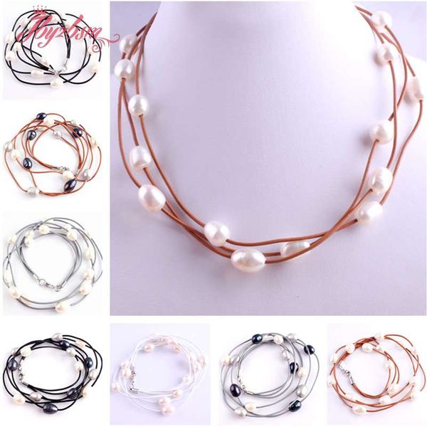 

whole sale3row 10-12mm oval freshwater pearl natural stone beads fashion style leather necklace 16" lobster clasp 1 pcs ing, Silver