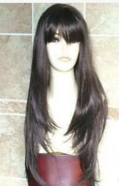 

beautiful woman black straight long synthetic hair wig, Black;brown