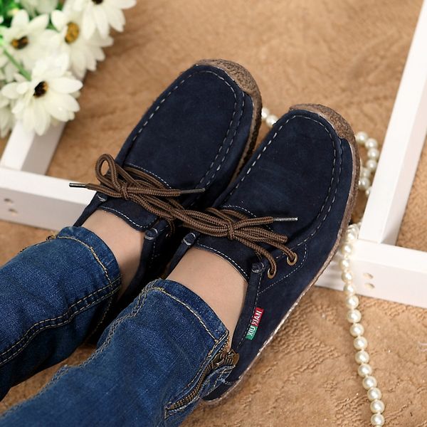 

2017spring women genuine leather shoes woman hand-sewn suede leather flats cowhide flexible boat shoes women loafer plus size059, Black