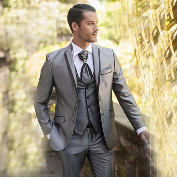 Acheter Gris Satin Slim Fit Suit Costumes De Mariage Pour Les Hommes Meilleur Homme Blazer Veste Groom Tuxedo Prom Wear 3 Pièces Hommes Costumes Avec
