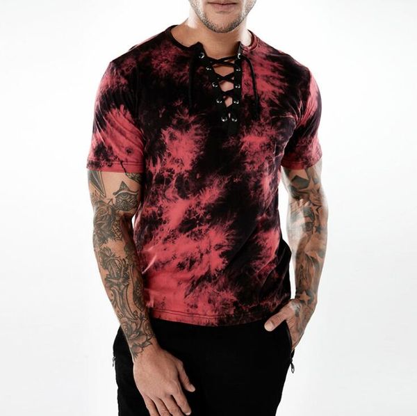 

Cross Lace Up T Shirt Men Summer Fashion Short Sleeves Tshirt Male Fashion Casual Cotton V Neck Tops&Tees