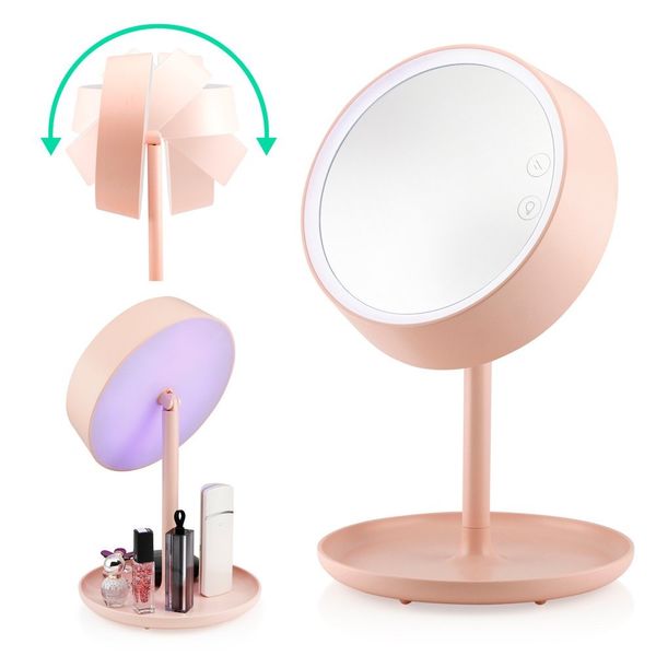 Make-up-Spiegel beleuchtete Lampe, LED-Waschtisch, Reise, tragbar, kabellos, wiederaufladbar, batteriebetrieben, rund, natürliches Licht, Touchscreen, 7 Farben Licht