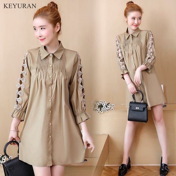

plus size xl-5xl 2018 spring new lapel fashion new solid color lace hollow out bead long paragraph loose women shirt l1742, White