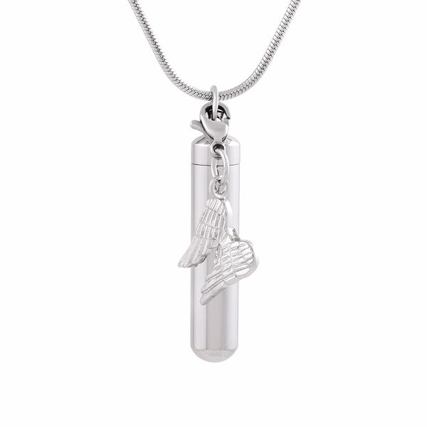 

ijd9869 stainless steel polish cylinder with wing accessories cremation memorial pendant for ash urn keepsake souvenir jewelry for men, Silver