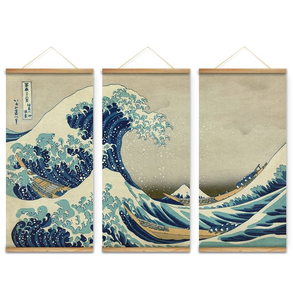 

3pcs japan style the great wave off kanagawa decoration wall art pictures hanging canvas wooden scroll paintings for living room