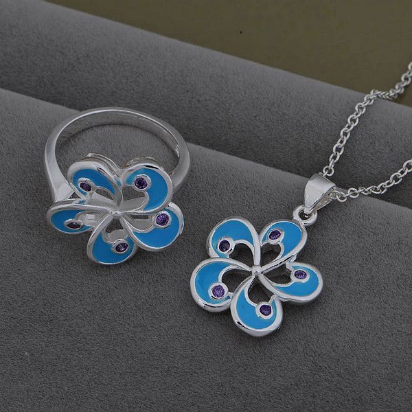 

3 colors fashion jewelry sets tibetan chain necklace & pendants silver plated flower shaped ring women collar at545, Slivery;golden