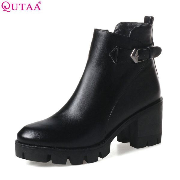 

qutaa 2018 women ankle boots square high heel zipper round toe women pu leather buckle black ladies motorcycle boots size 34-43