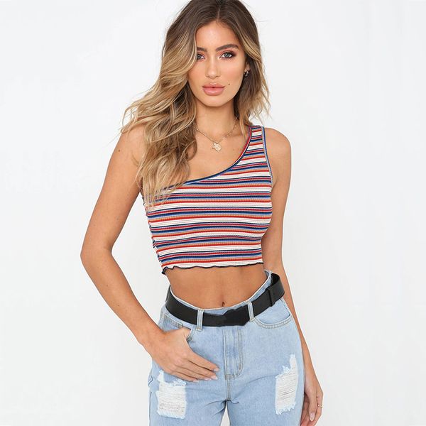 

2018 summer women one shoulder sleeveless crop tank female skinny stripe print off shoulder casual short tanks, White