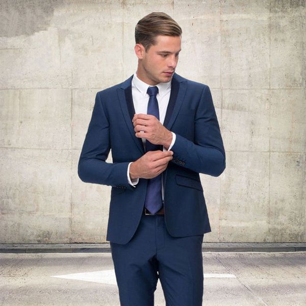 

Custom Dark Blue Men Suits Wedding Black Peaked Lapel Slim Fit Formal Groomsmen Dress Tuxedos Prom Wear Blazer Jacket Pants