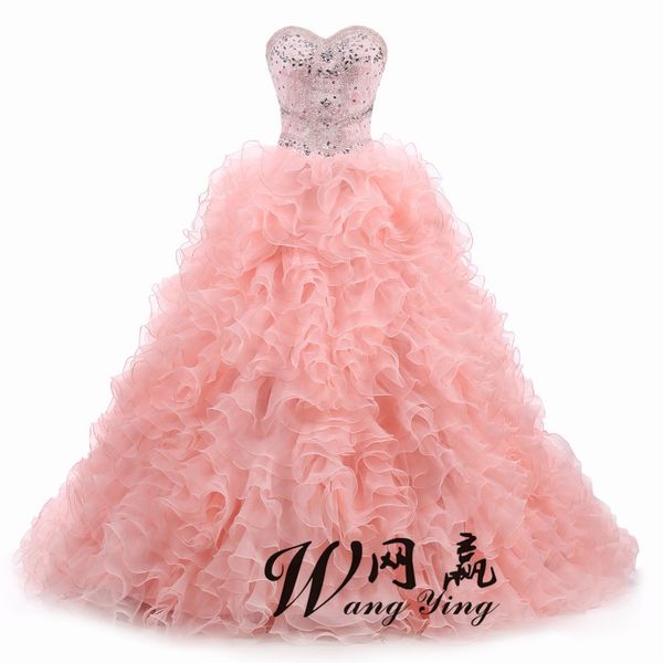 Real Photo Quinceanera Vestidos De Baile Querida Organza Cristais Frisado Babados Rosa RosaDetachable Sweet 16 Pageant Vestidos