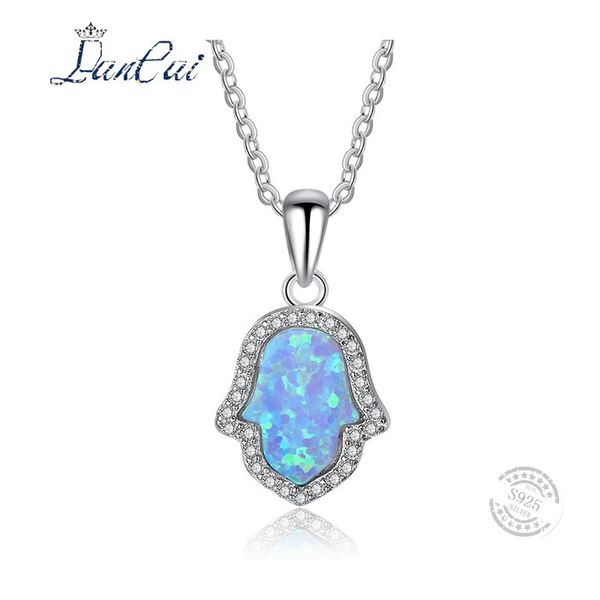 

lancai fashion 925 sterling silver necklace turkey palm blue fire opal inlaid white zircon pendant necklace jewelry for women