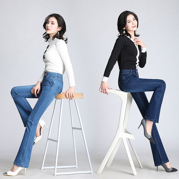 

women autumn slim fit vintage high waist elegant flare jeans woman plus size stretch skinny jeans pants denim trousers, Blue