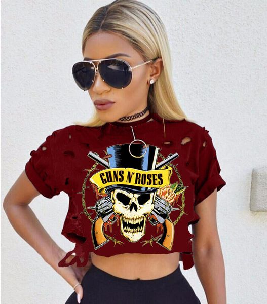 

Womens Halloween Sexy Clothing Skulls Print Midriff-baring Tshirt Wine Gray Holes Crew Neck High Waist Top