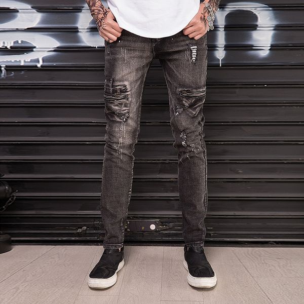 

men jeans stretch skinny washed distressed brown moto men denim jeans straight fashion male quality, Blue