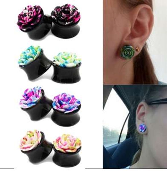 

1pair vintage rose flower acrylic ear plugs double saddle ear tunnels expander piercing body jewelry for women femme bijoux, Silver