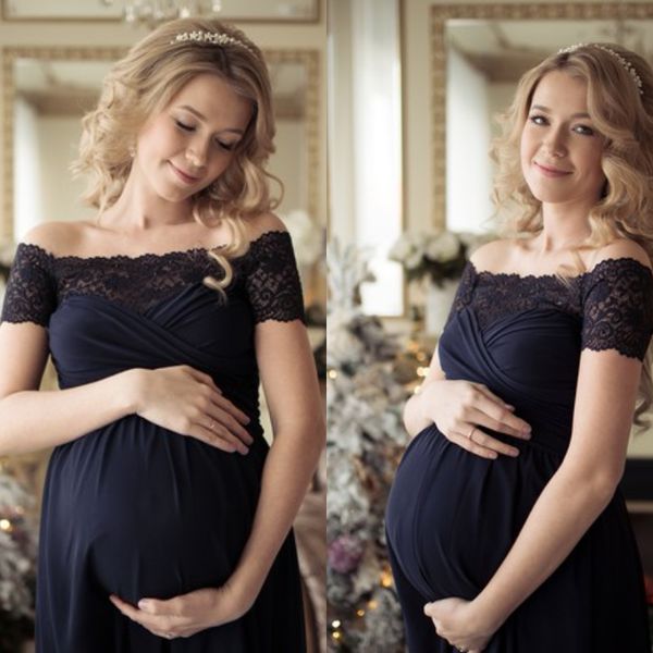 

classy navy blue pregnant evening dresses off the shoulder bateau short sleeve lace prom party gowns for women fashion dress maternity wear, Black;red