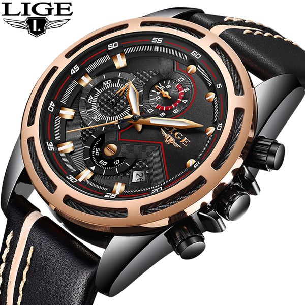 

2018 lige mens watches fashion casual sport quartz watch men chronograp clock man leather business wrist watch relogio masculino, Slivery;brown