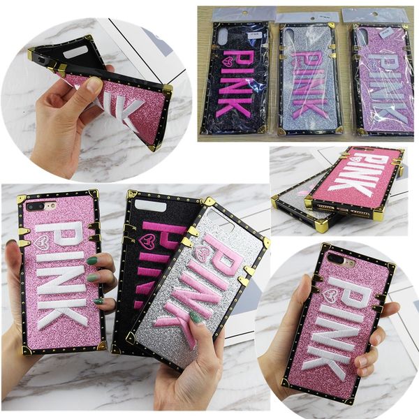 

Стильный розовый блеск вышивка квадратный стиль чехол для телефона iPhone Xs Max XR X 8 7 6 S Plus мягкие TPU чехлы задняя крышка