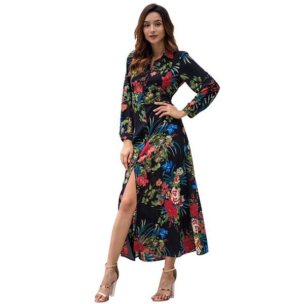 

women's wear new long sleeves bohemia print long dress c3075, Black;gray