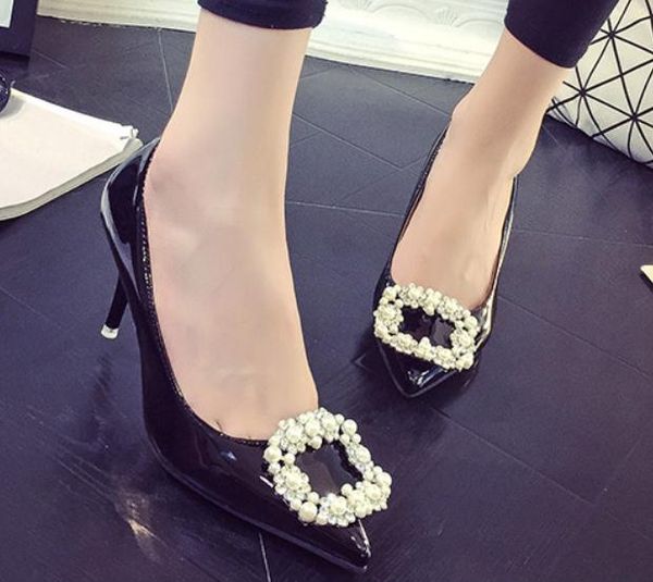 

send 2018 spring and autumn new style single shoes pointed end high heel fine heel water drill women shoes, Black