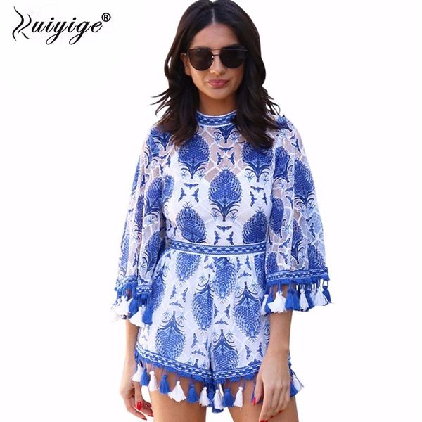 

ruiyige 2018 summer women rompers jumpsuit lace boho playsuits embroidery hollow out half sleeves casual overalls tassel female, Black;white