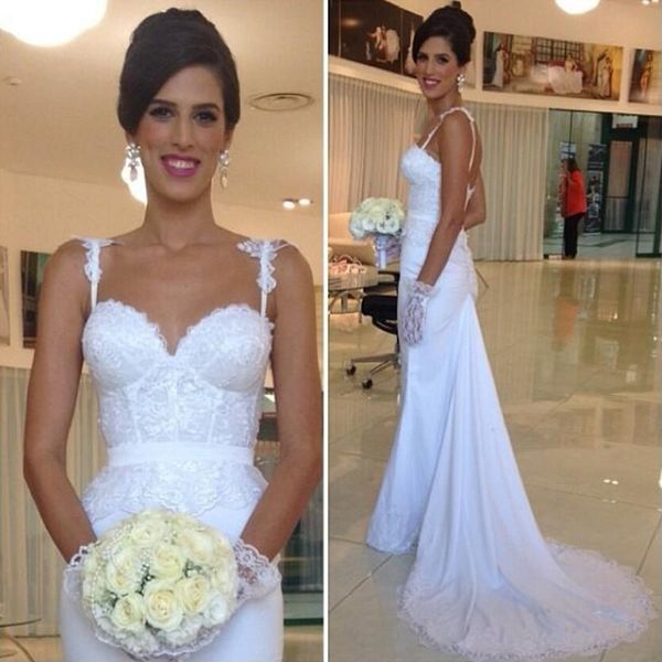 

mermaid wedding dresses spaghetti straps sweetheart appliques lace court train vestido de novia bridal gowns, White