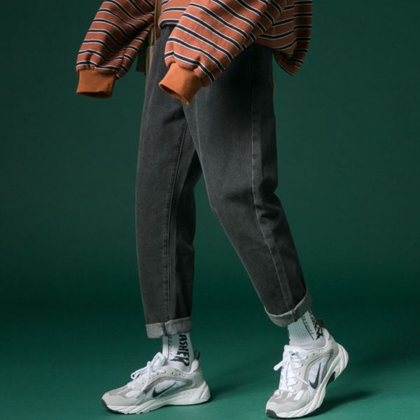 

jeans men fashion wash straight slim retro solid color denim pants man streetwear hip hop casual cowboy trousers male clothes, Blue