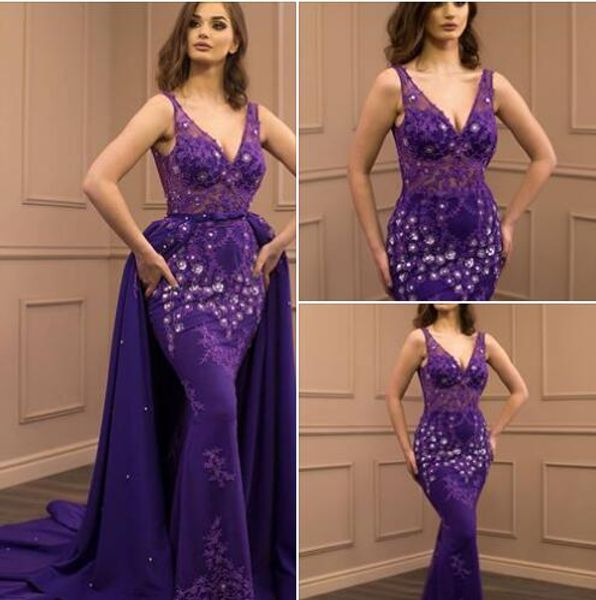

purple mermaid v neck evening dresses long detachable skirt 2018 bling red carpet celebrity dressess, Black;red
