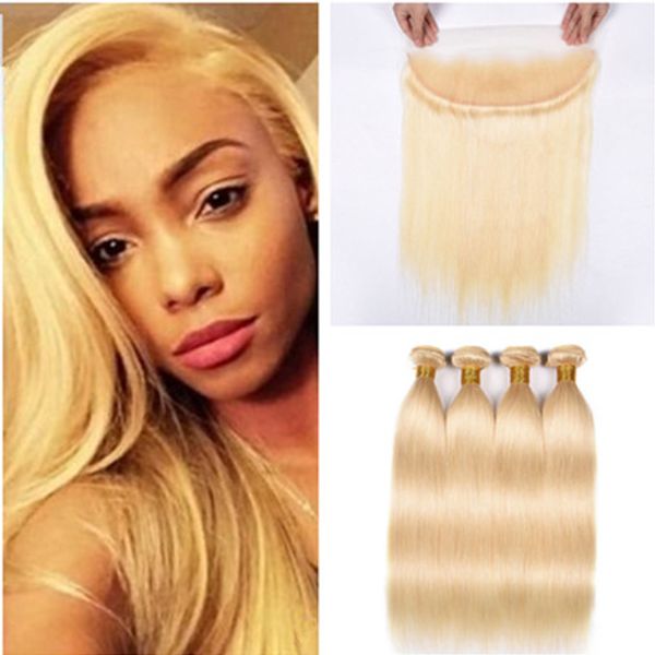 

straight brazilian bleach blonde human hair bundles deals 4pcs with frontal #613 blonde full lace frontal closure 13x4 with weaves 5pcs lot, Black;brown